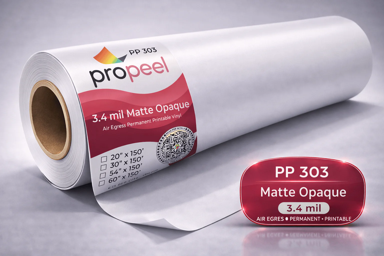 PP303 ProPeel 3.4 mil MATTE OPAQUE White Air Egress Permanent Printable Vinyl