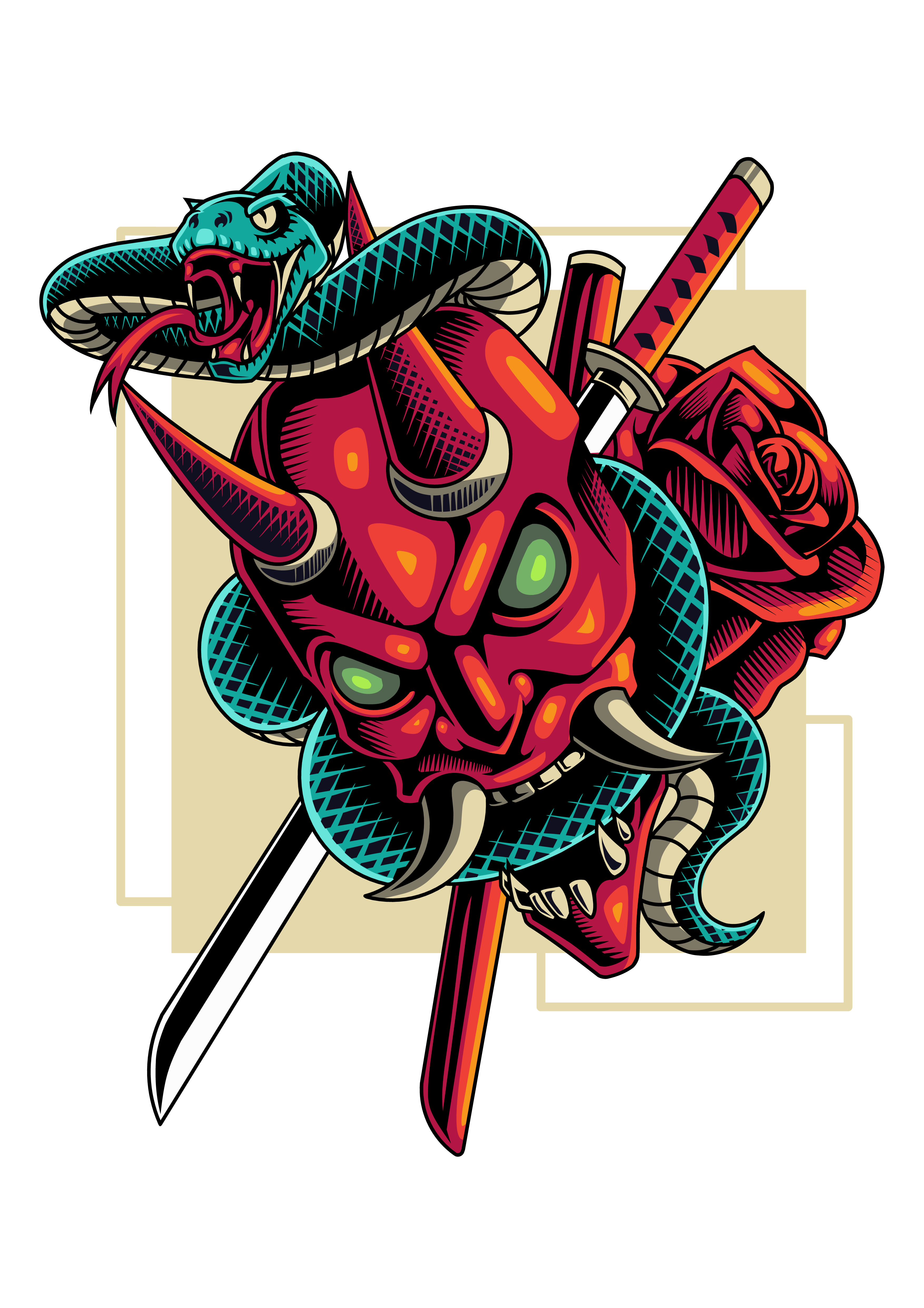 JAPANESE SHINIGAMI MASK & SNAKE Design