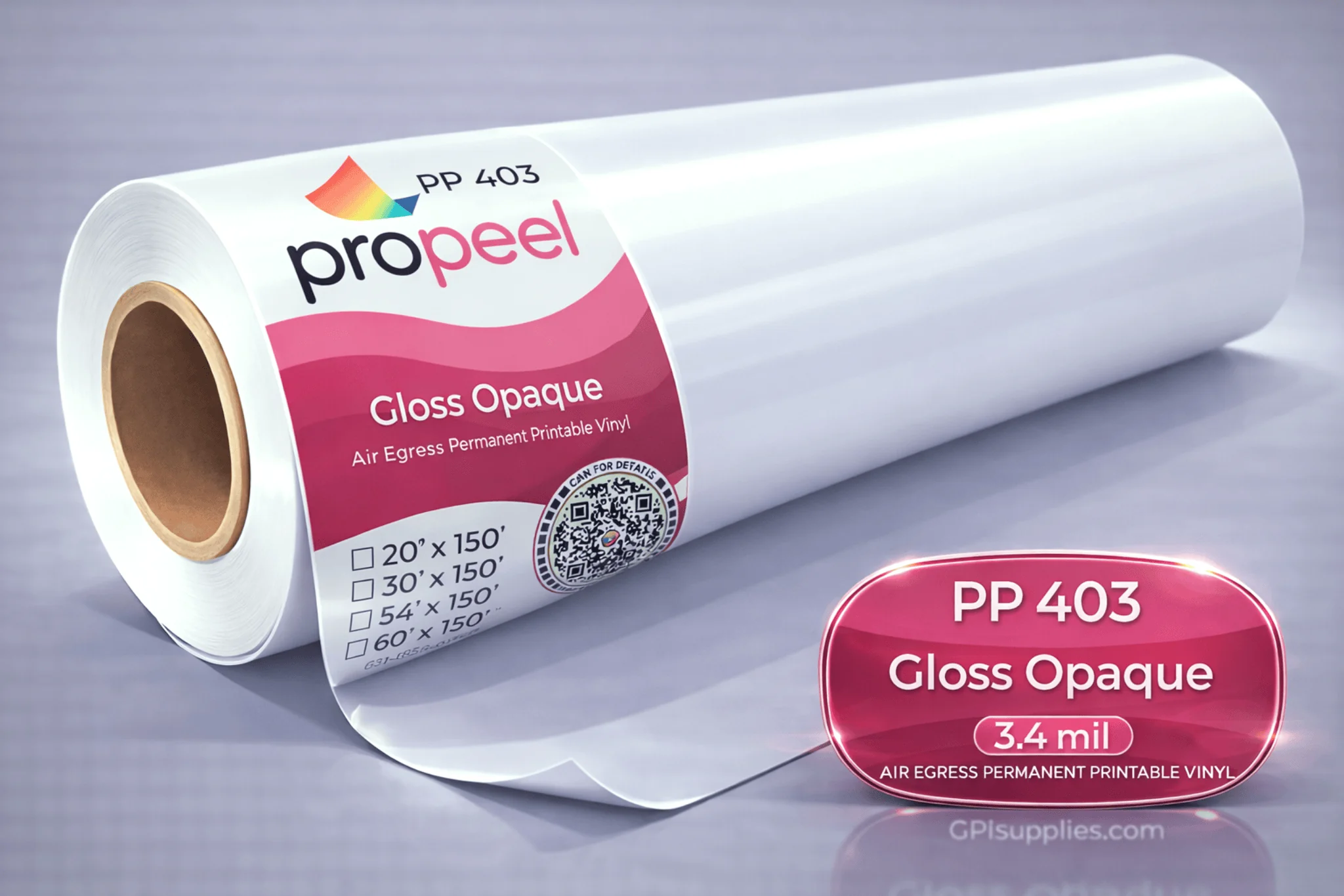 PP403 ProPeel 3 mil GLOSS OPAQUE White Air Egress Permanent Printable Vinyl